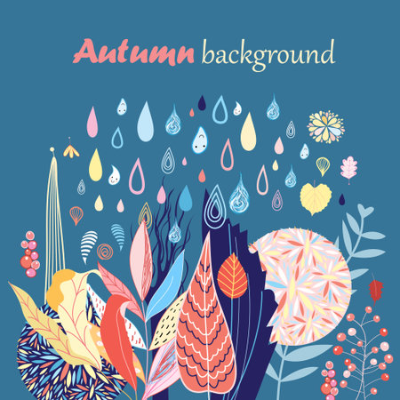 beautiful autumn background with different colored leaves and the rain on a dark blueのイラスト素材