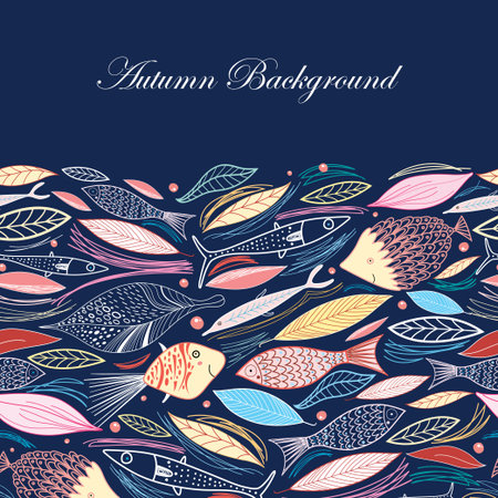 Autumn background from leaves and fish on a dark blue backgroundのイラスト素材
