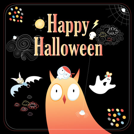 Halloween greeting card with fabulous creatures on a black backgroundのイラスト素材