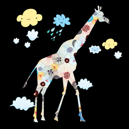 Decorative silhouette of a giraffe on a black background with cloudsのイラスト素材