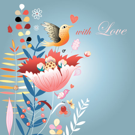 autumn bright floral pattern with birds on a blue backgroundのイラスト素材