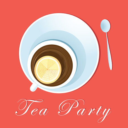 Cup of tea with lemon on a red backgroundのイラスト素材