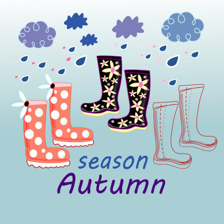 Autumn background with boots on a blue background with clouds and rainのイラスト素材