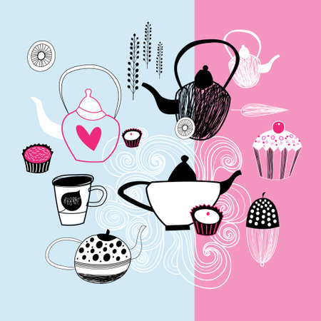 beautiful graphic images teapots and cakesのイラスト素材