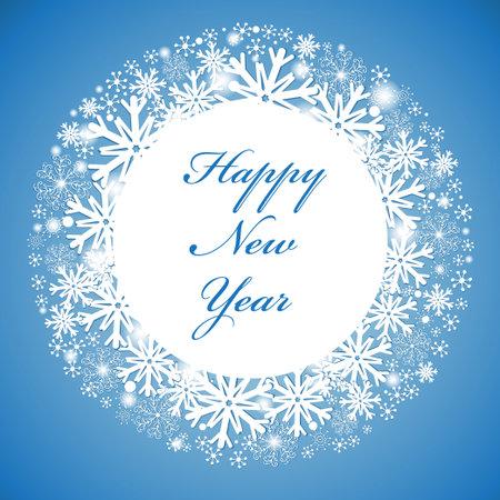 Greeting new year greeting card with a white circle and snowflakes on a blue backgroundのイラスト素材
