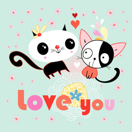funny love cats on a green background with flowersのイラスト素材