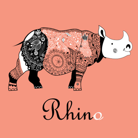 beautiful patterned rhinoceros on a red backgroundのイラスト素材