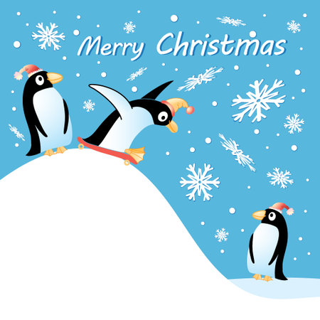 Bright fun christmas card with penguins and snowflakesのイラスト素材