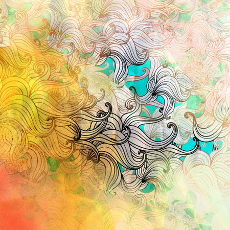 Graphic floral abstract elements on aged watercolor backgroundの写真素材