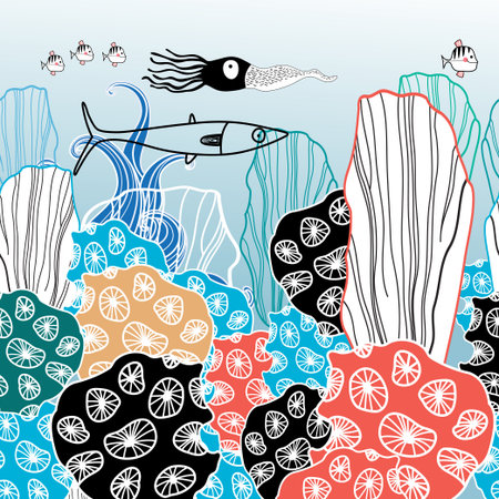 illustration with sea corals and fishes on a colored background 
のイラスト素材
