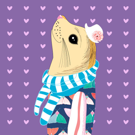 funny fur seal hipsters on a purple background with hearts
のイラスト素材
