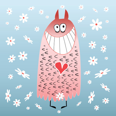 graphic smiling monster on floral backgroundのイラスト素材