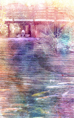 colorful watercolor weathered landscape river and bridge 