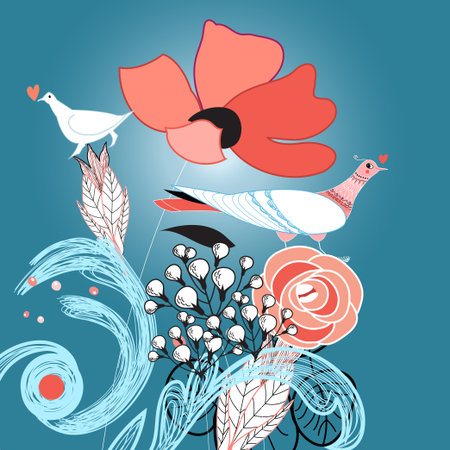 bright red flowers with birds on a blue background 
のイラスト素材
