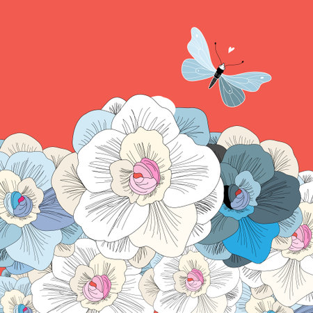 butterfly and floral pattern on a red background のイラスト素材