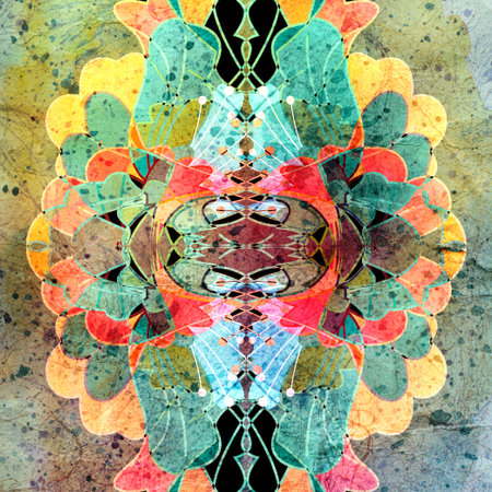 bright floral abstract pattern on the aged watercolor background の写真素材