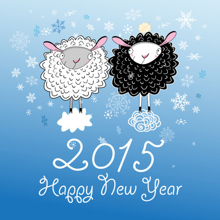 funny Christmas card with sheep on a blue background with snowflakesのイラスト素材