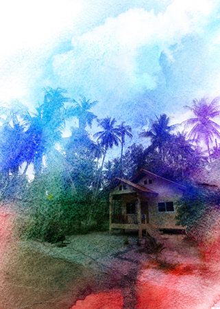Bright multicolored retro tropical landscape with palm trees and a small houseの写真素材
