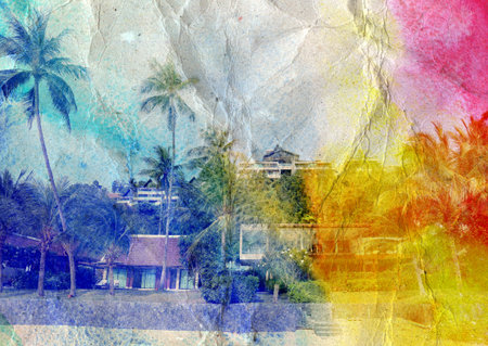 bright multicolored retro beautiful landscape with palm trees and buildingsの写真素材