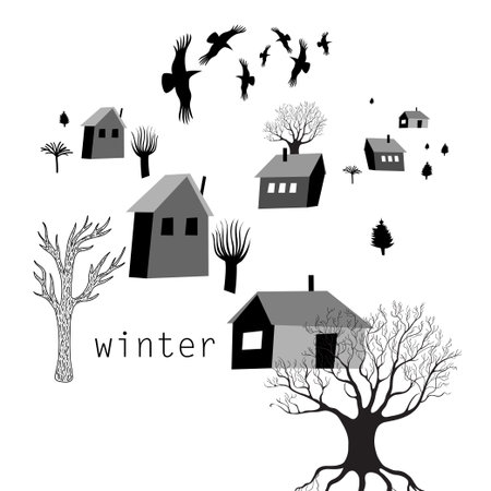 graphic illustration of house and crows in winterのイラスト素材