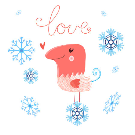 funny love with bird on a white background with snowflakesのイラスト素材