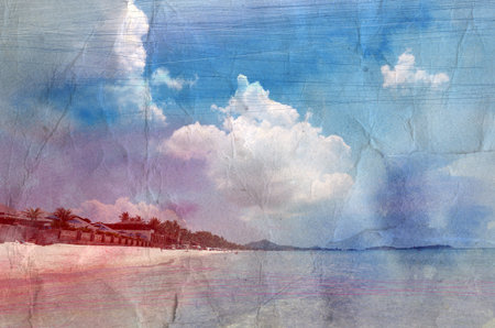 bright retro colors watercolor beach tropicalの写真素材