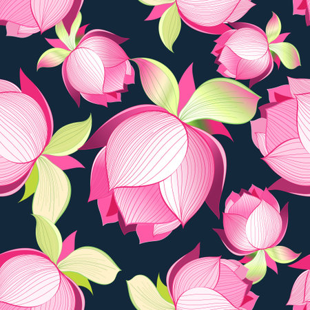 bright seamless graphic pattern of a lotus flower on a dark backgroundのイラスト素材