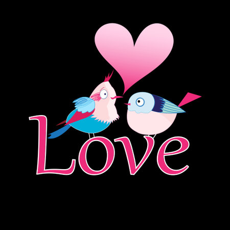 graphic lovers bright birdies on the word love on a black backgroundのイラスト素材