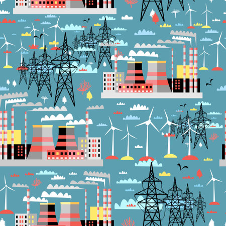 graphic color pattern of thermal and wind power plants and power lines on a blue backgroundのイラスト素材