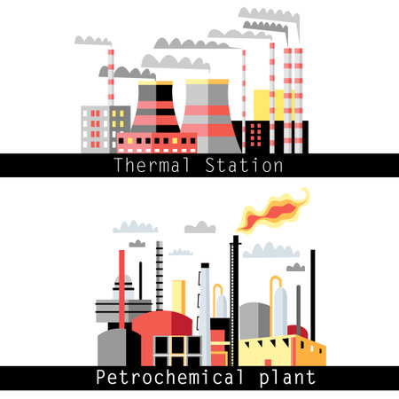 graphical illustration of a petrochemical plant and thermal power plantのイラスト素材