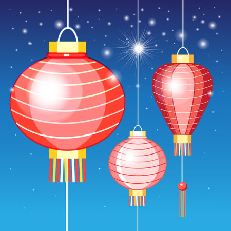New graphics Chinese lanterns on a blue backgroundのイラスト素材