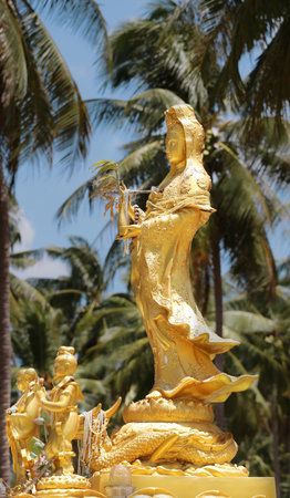 beautiful statue Guan Yin Chinese Goddess of Mercy in the palm groveの写真素材