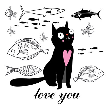 graphics funny cat and fish on a white backgroundのイラスト素材