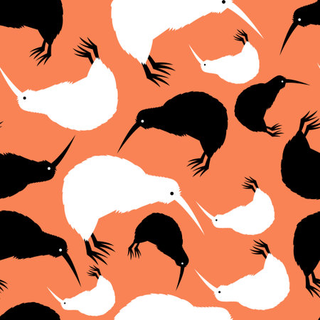 Seamless graphic pattern of birds kiwi on red backgroundのイラスト素材
