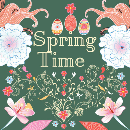Floral decorative background spring time with different plants and eggsのイラスト素材