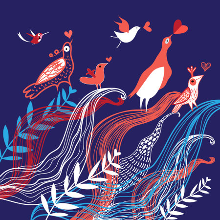 graphic nature background with birds in love on a dark blueのイラスト素材