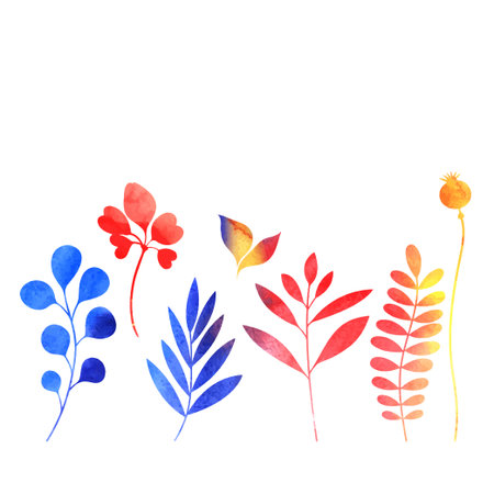bright multicolored set of watercolor plant isolated on white backgroundのイラスト素材