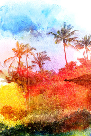 bright watercolor tropical forest palms on islandの写真素材