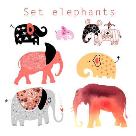 Graphic interesting set different elephants on a white backgroundのイラスト素材