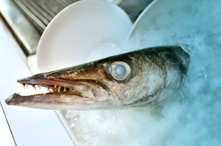 Barracuda fish head on the ice is photographed close-up