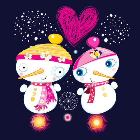 bright funny greeting card with a snowman on a blue background with snowflakesのイラスト素材