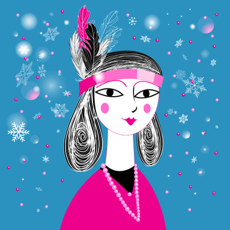Graphic portrait of a beautiful girl with feathers in her hairのイラスト素材