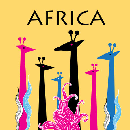 African heads of giraffes background with a bright orange backgroundのイラスト素材