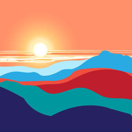 Bright graphics landscape with the sunset and mountainsのイラスト素材