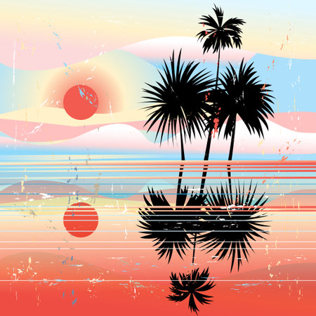 Beautiful vector illustration Marine tropical landscape on a background of palm treesのイラスト素材