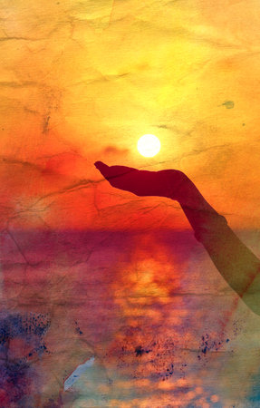 Beautiful watercolor sunset over the sea in Asia on the tropical islandの写真素材