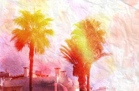Beautiful watercolor palm trees in a tropical gardenの写真素材