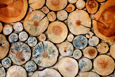The texture of the wooden round piecesの写真素材