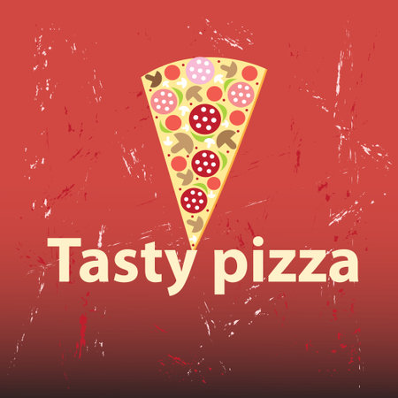 Bright graphics delicious slice of pizza on a red backgroundのイラスト素材
