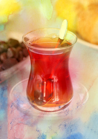 Delicious Turkish tea in a mug with an abstract backgroundの写真素材
